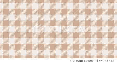 Beige gingham fabric seamless pattern. Cute check plaid. Picnic kitchen tablecloth texture. Gingham square vintage texture. Vector illustration isolated on white background 136075258