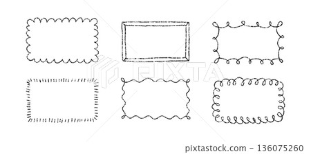 Crayon doodle scalloped frames. Chalk wavy hand drawn borders. Black cute rectangle photo frames with crayon texture. Wavy sketch line mirror borders. Vector illustration isolated on white background Crayon doodle scalloped frames. Chalk wavy hand drawn borders. Black cute rectangle photo frames with crayon texture. Wavy sketch line mirror borders. Vector illustration isolated on white background 136075260