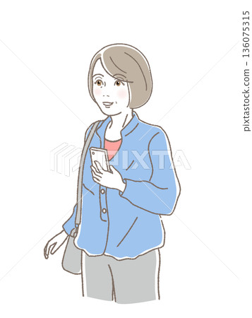 Senior woman waiting for someone with a smartphone, meeting, going out, reunion, travel, smiling, vector illustration Senior woman waiting for someone with a smartphone, meeting, going out, reunion, travel, smiling, vector illustration 136075315