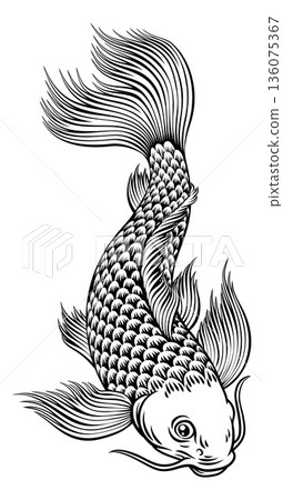 Koi Carp Fish Vintage Japanese Woodcut Style Art Koi Carp Fish Vintage Japanese Woodcut Style Art 136075367