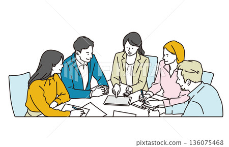 一張插圖展示了一個多元文化團隊參加的全球商務會議。 136075468