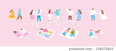 Spring Couple Date and Picnic Vector Illustration Set 136075683