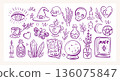 Cute magic Halloween set. Hand draw vector illustration of spooky Halloween and objects. Witch 136075847