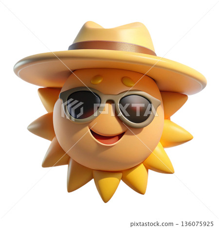 Cute 3D sun character wearing a straw hat and black sunglasses  White Background 136075925