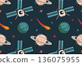 Vintage color space pattern on dark background with satellite, planets, comets and stars. Flat cartoon vector illustration with retro cosmic atmosphere, nostalgic night sky seamless background 136075955