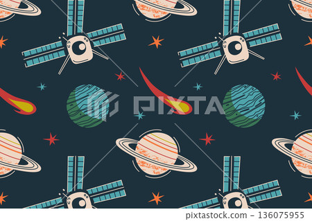 Vintage color space pattern on dark background with satellite, planets, comets and stars. Flat cartoon vector illustration with retro cosmic atmosphere, nostalgic night sky seamless background 136075955