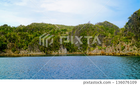 beautiful view of island and sea with clear sky background, West Papua, Indonesia beautiful view of island and sea with clear sky background, West Papua, Indonesia 136076109