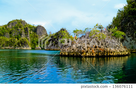 beautiful view of island and sea with clear sky background, West Papua, Indonesia beautiful view of island and sea with clear sky background, West Papua, Indonesia 136076111