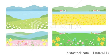 Korean Style Spring Nature Landscapes with Mountains Lakes and Flowers Vector Korean Style Spring Nature Landscapes with Mountains Lakes and Flowers Vector 136076117