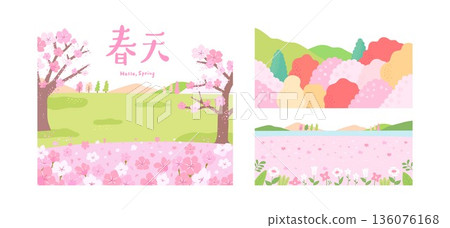 Spring cherry blossom landscape vector. Pink Korea sakura trees with mountain and lake background. 136076168