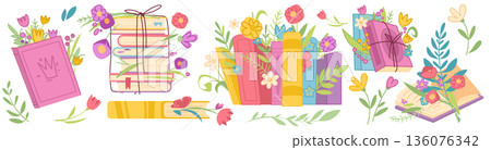 Book stack with flowers cartoon vector illustration 136076342