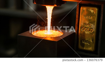 The image of melting gold and pouring it into a mold symbolizes the process by which asset value is created. 136076379