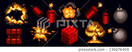 Retro 8-bit pixel explosion, vibrant blue fire Retro 8-bit pixel explosion, vibrant blue fire 136076409