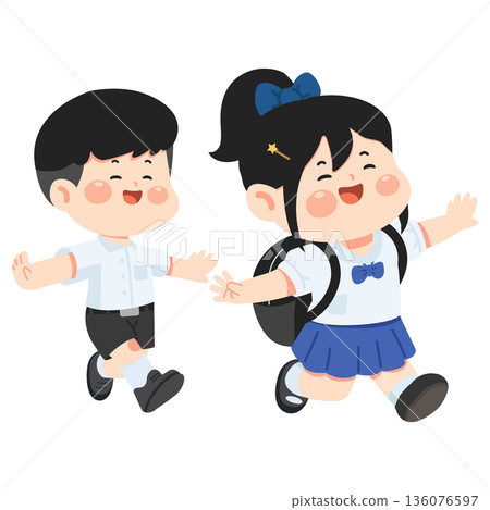 Happy Children Running in School Uniforms 136076597