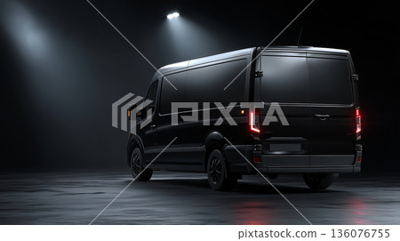 Creative mockup of a delivery van against a dark background with studio lighting Creative mockup of a delivery van against a dark background with studio lighting 136076755