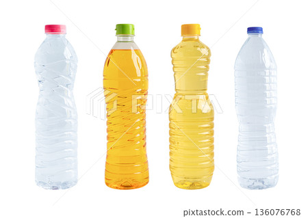 Vegetable oil and water in bottle isolated on white background with clipping path. Vegetable oil and water in bottle isolated on white background with clipping path. 136076768