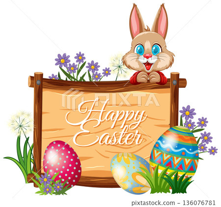 Happy Easter Wooden Sign with Cute Bunny and Colorful Eggs Happy Easter Wooden Sign with Cute Bunny and Colorful Eggs 136076781