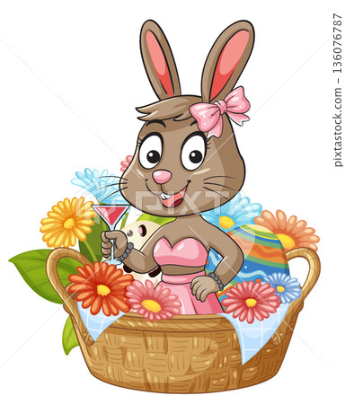 Cartoon Easter Bunny Character Holding a Cocktail in a Flower Basket Cartoon Easter Bunny Character Holding a Cocktail in a Flower Basket 136076787
