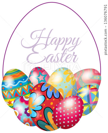 Colorful Patterned Easter Eggs Inside a Large Purple Egg Frame Colorful Patterned Easter Eggs Inside a Large Purple Egg Frame 136076791