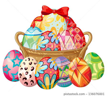 Colorful Patterned Easter Eggs in a Woven Wicker Basket with Red Bow Colorful Patterned Easter Eggs in a Woven Wicker Basket with Red Bow 136076801