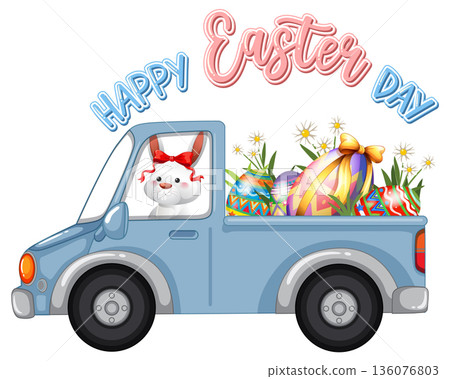 Easter Bunny Driving a Blue Pickup Truck Filled with Decorated Eggs 136076803