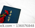 Red carnation and navy blue diploma holder 136076848