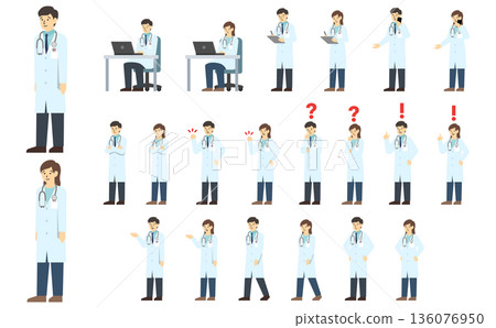 扁平化插畫：男女醫生組合（附臉部表情） 136076950