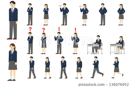 Flat illustration: High school student set (winter clothes) with facial expressions 136076952
