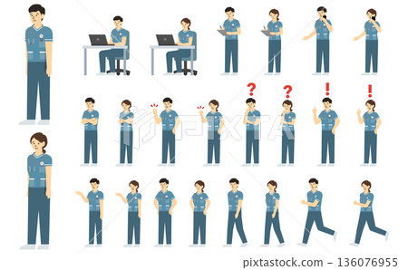 平面插畫:男女護士套裝(綠色制服),臉部表情豐富 平面插畫:男女護士套裝(綠色制服),臉部表情豐富 136076955