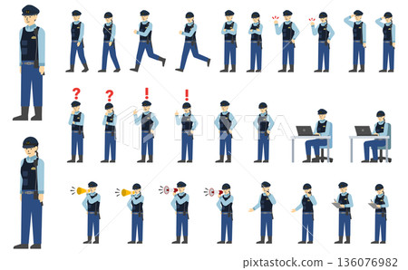 Flat illustration: Male and female police officers set (with facial expressions) 136076982