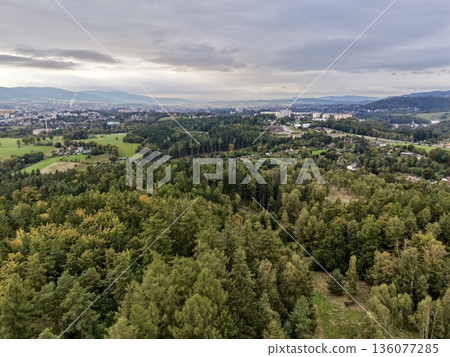 Skyline With Greenery, Overcast Sky Over Nature Scene, Elevated View Of Wooded Hills And Scattered Homes Skyline With Greenery, Overcast Sky Over Nature Scene, Elevated View Of Wooded Hills And Scattered Homes 136077285