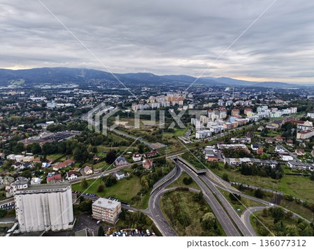 City Junction Overview, Aerial Perspective Of Complex Urban Highway And Skyscraper Intersection City Junction Overview, Aerial Perspective Of Complex Urban Highway And Skyscraper Intersection 136077312