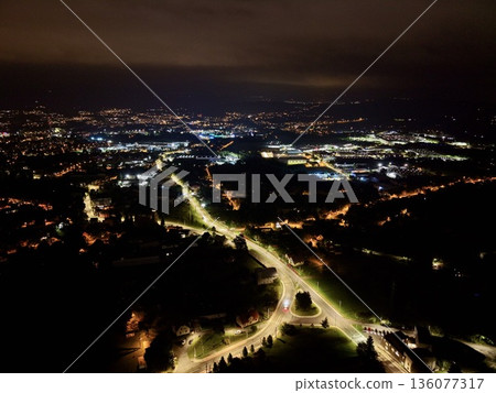 Aerial View Of Transit Systems, Elevated Aerial Perspective Of Urban Transit Corridors At Night 136077317