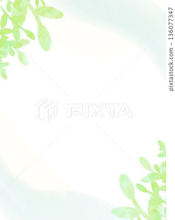 Pale watercolor flow (bleed) and green and young leaf frame background Pale watercolor flow (bleed) and green and young leaf frame background 136077347