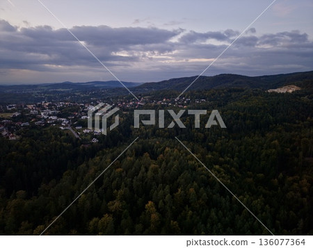 Sunset Hill View, Serene Vantage Point Revealing Distant Settlement Nestled Within Forested Landscape Sunset Hill View, Serene Vantage Point Revealing Distant Settlement Nestled Within Forested Landscape 136077364