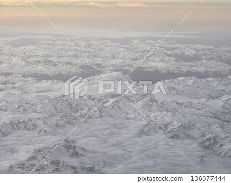 Mountain Scene Clarity, Vast Frozen Mountain Range Bathed in Early Morning Light Highlighting Solitude 136077444