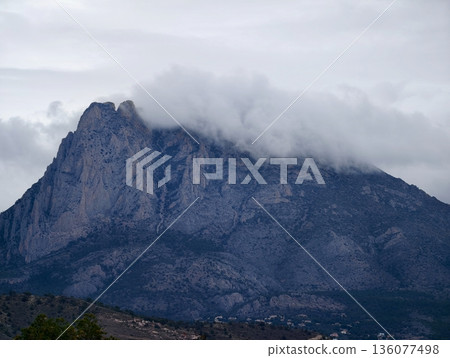 Calm peak with lush surroundings, Quiet mountain summit adorned by sparse green growth and mist 136077498