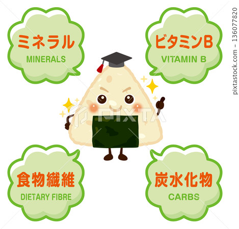 糙米飯團的圖像和糙米所含成分的插圖 136077820