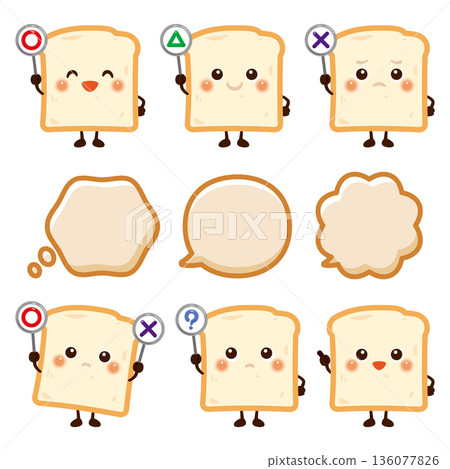 Character illustration of a loaf of bread holding a circle, circle, triangle, or triangle sign Character illustration of a loaf of bread holding a circle, circle, triangle, or triangle sign 136077826
