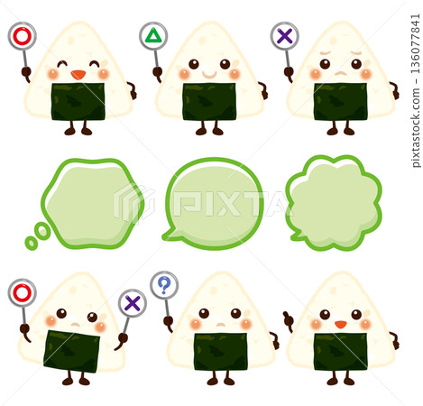 Illustration of a rice ball character holding a circle, circle, triangle, or triangle tag 136077841