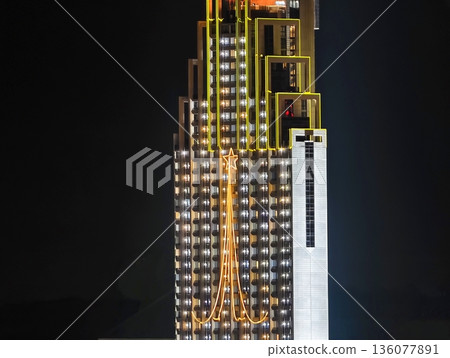 Night city glow, Sleek nighttime architecture featuring luminous facades and urban city reflections Night city glow, Sleek nighttime architecture featuring luminous facades and urban city reflections 136077891