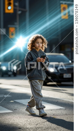 A little girl walking across a street while looking at her phone 136078149