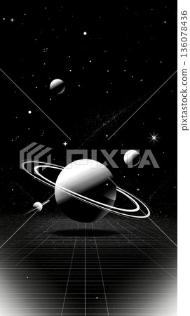 A black and white image of a space scene with planets and stars 136078436