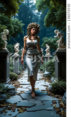 A woman in a white dress walking down a stone path in a park 136078530