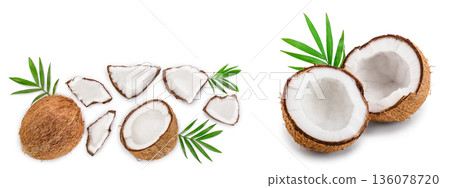 coconut with leaves isolated on white background with copy space for your text. Top view. Flat lay coconut with leaves isolated on white background with copy space for your text. Top view. Flat lay 136078720