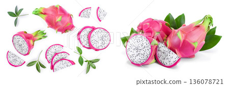 Dragon fruit, Pitaya or Pitahaya isolated on white background. Top view. Flat lay Dragon fruit, Pitaya or Pitahaya isolated on white background. Top view. Flat lay 136078721