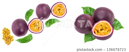 passion fruits and a half with leaves isolated on white background. Isolated maracuya. Top view. Flat lay passion fruits and a half with leaves isolated on white background. Isolated maracuya. Top view. Flat lay 136078723