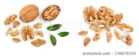 Walnuts with leaf isolated on white background. Top view. Flat lay 136078724