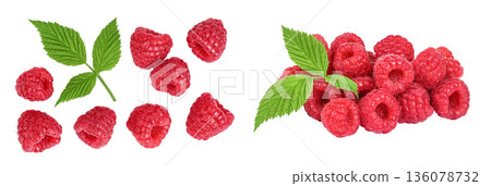 Ripe raspberries with leaf isolated on a white background. Top view. Flat lay Ripe raspberries with leaf isolated on a white background. Top view. Flat lay 136078732