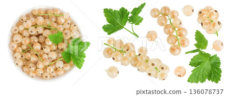 white or yellow currant in ceramic bowl isolated on white background. Top view. Flat lay 136078737
